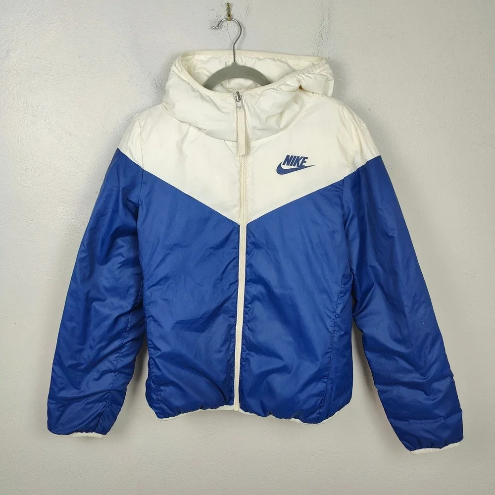Nike Windrunner Down Fill Hooded Jacket Womens Small White‎ Blue Reversible